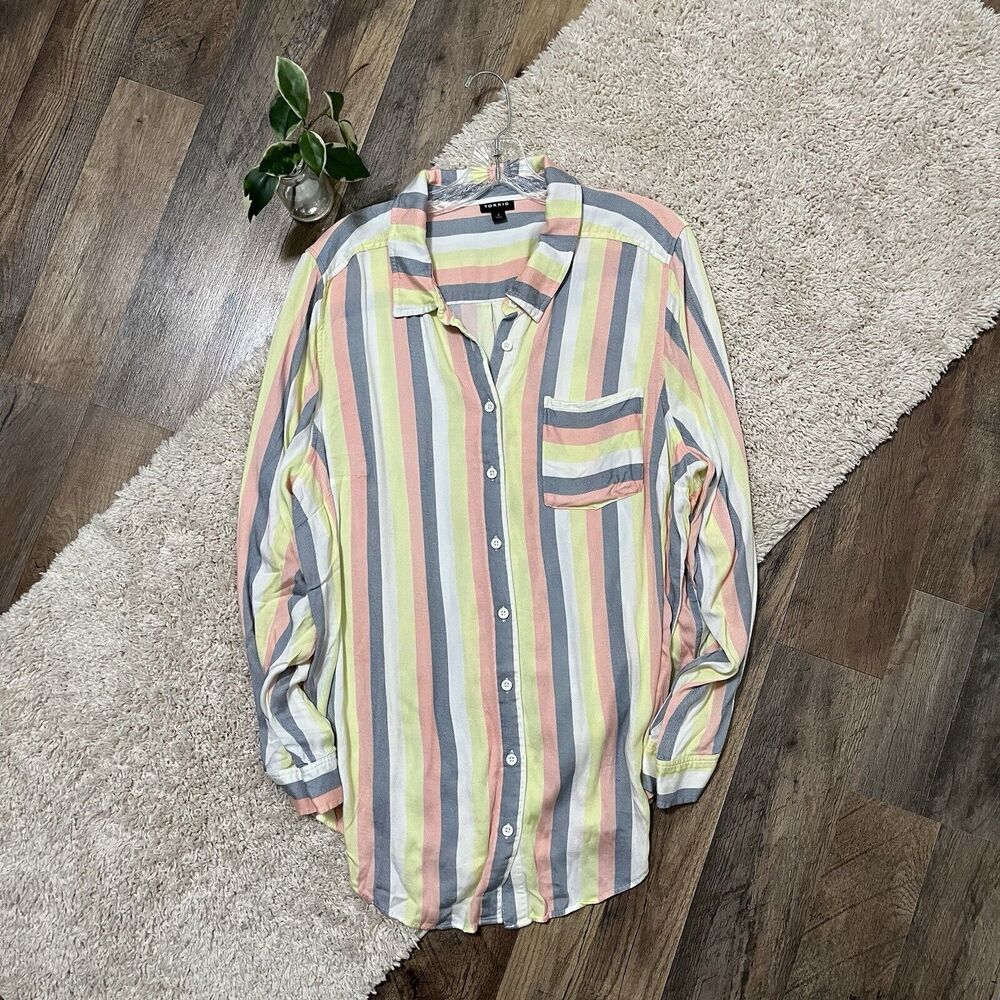 Torrid Size 3X Pastel Vertical Striped Button Down Woven Challis Lizzie Top